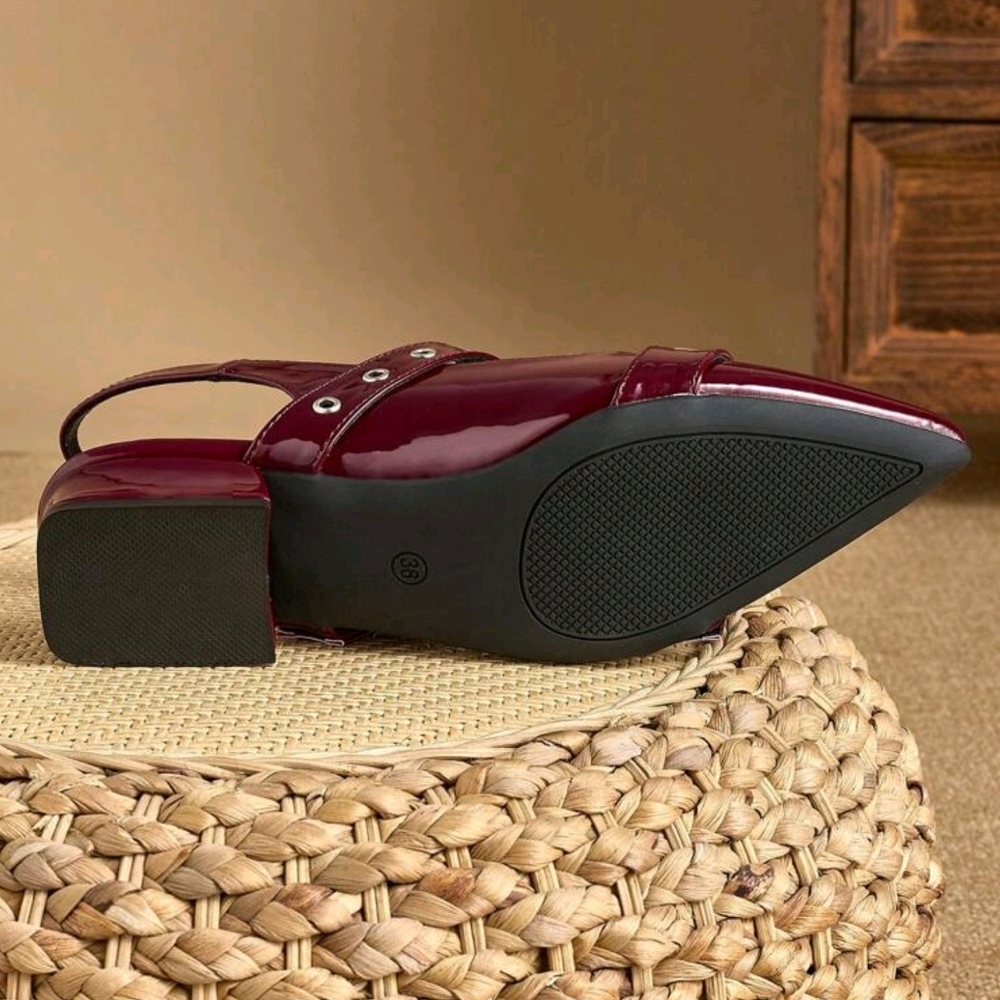 Women Rivet Pointed Toe Block Heel Mules Loafers, Burgundy - Picture 5 of 8